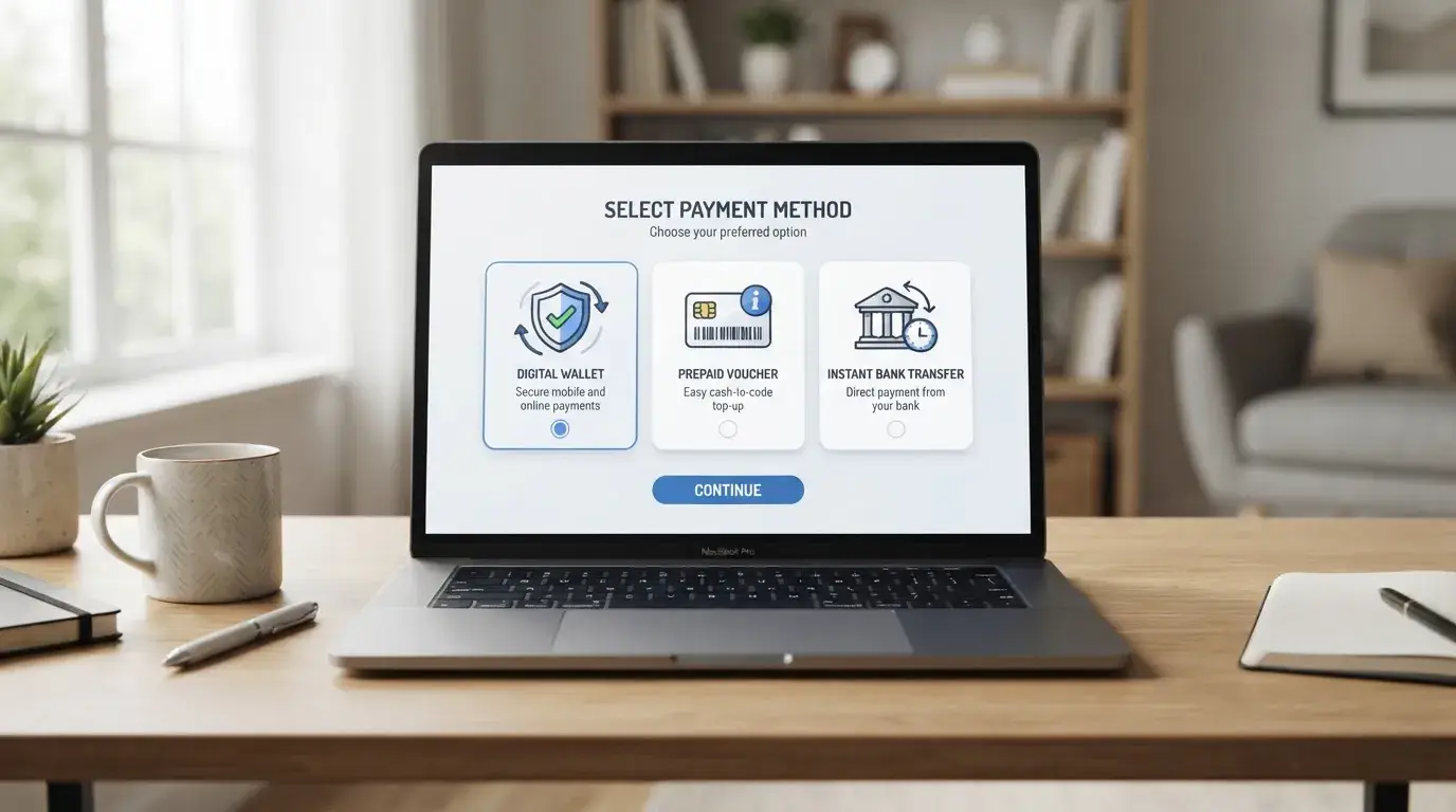 PayPal, Paysafecard und Sofort als neutrale Zahlungssymbole auf einem Bildschirm
